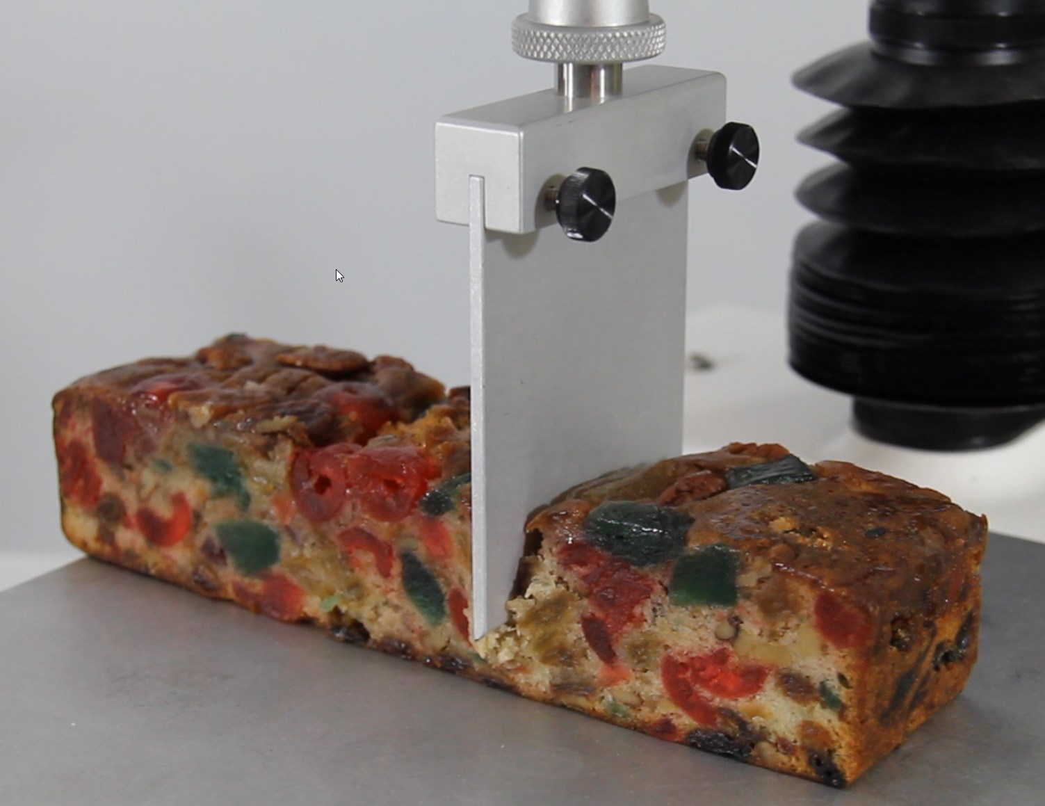 image of fruitcake on texture analyzer
