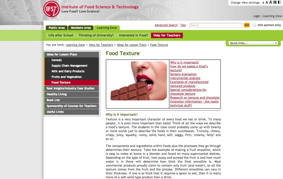 Screenshot from Institute of Food Science and Technology